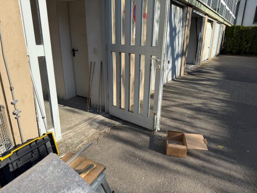 Eingang mit einer offenen Holztür und einem Karton auf dem Boden daneben.