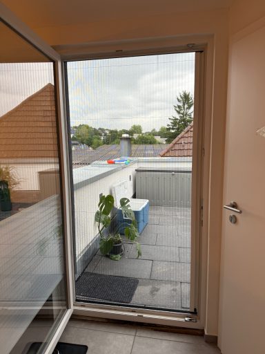 Blick von einem Balkon auf das Dach eines Nachbarhauses mit Pflanzen und einer Kiste.