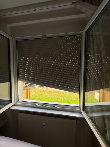 Offene Fenster mit Rollläden, Blick auf einen grünen Außenbereich.