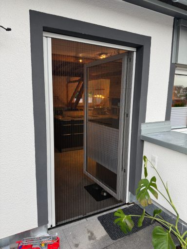 Offene Tür mit Fliegengitter und Blick auf einen hellen Innenraum.