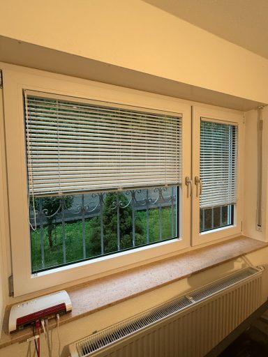 Ein Fenster mit Jalousien und Blick auf einen Garten.