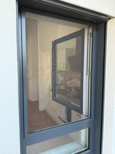 Fenster mit einem geöffneten Flügel, Blick auf einen Innenraum.